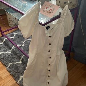White off the shoulder button up dress